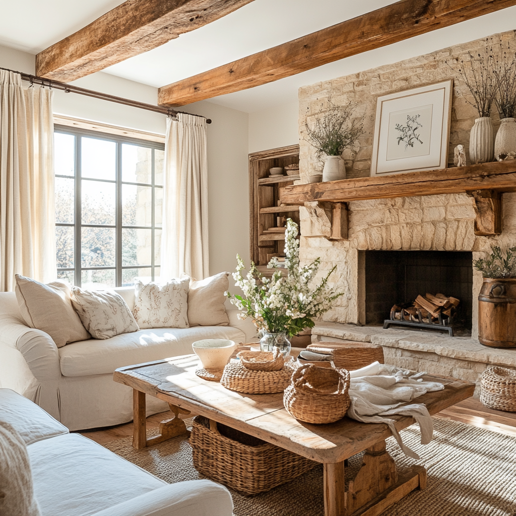 Cozy rustic living room with stone fireplace, natural decor, plush sofa, and warm sunlight.