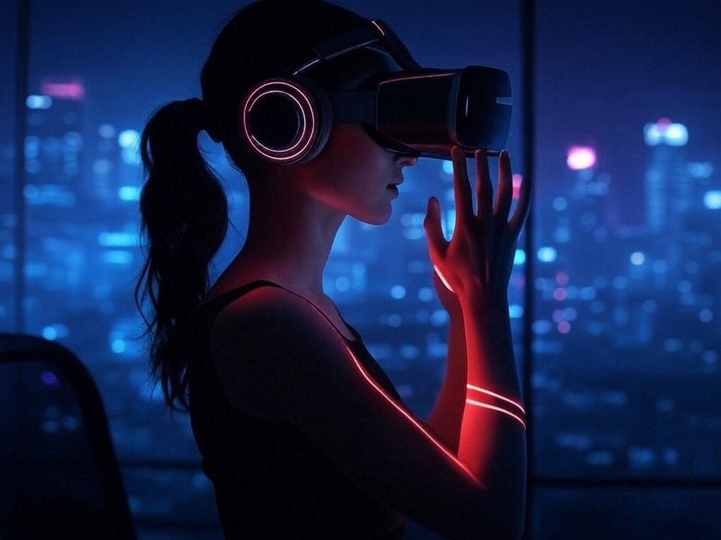 Person using futuristic VR headset in vibrant neon-lit city at night.