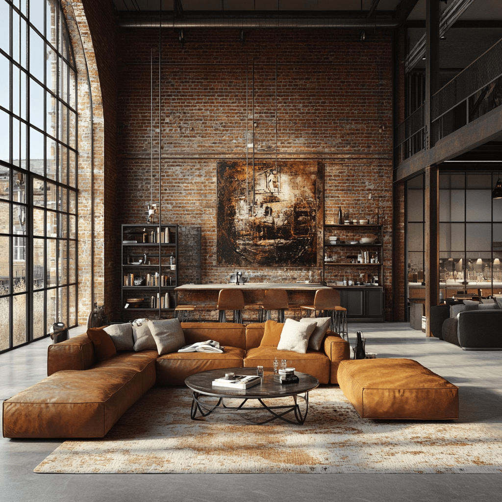 Industrial living room with brick walls, earthy sofa, stylish decor, and abundant natural light.