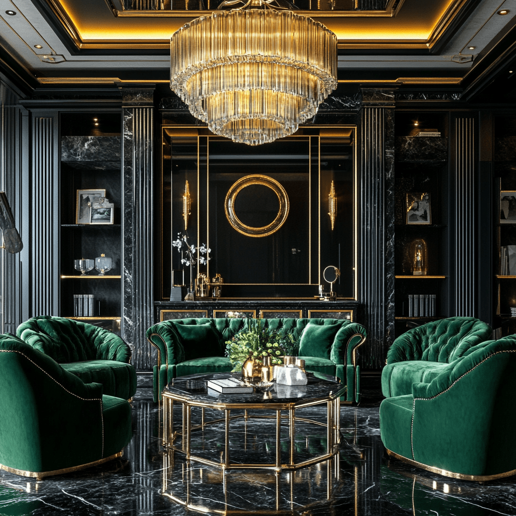 Luxurious green velvet living room with gold accents, crystal chandelier, and sleek marble flooring.