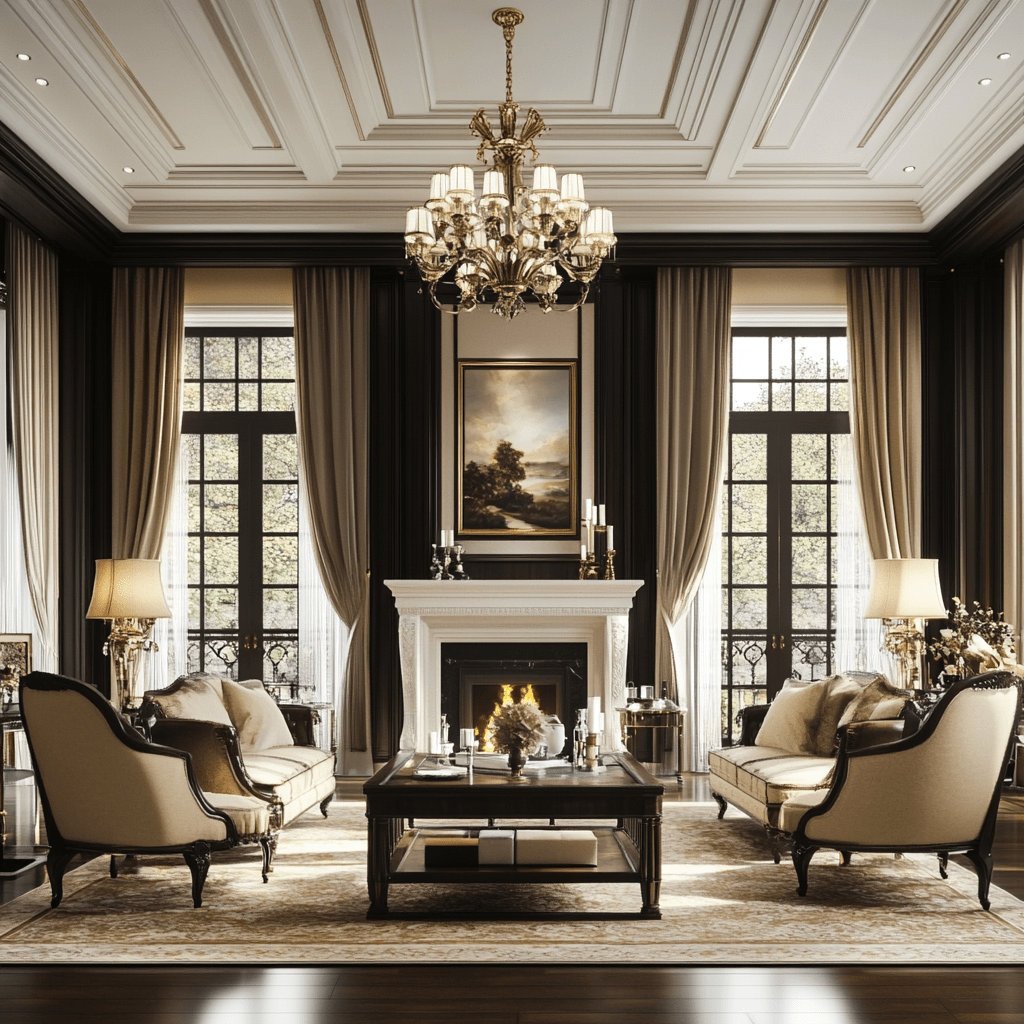 Luxurious living room with high ceilings, chandelier, fireplace, elegant beige sofas, and sophisticated decor.