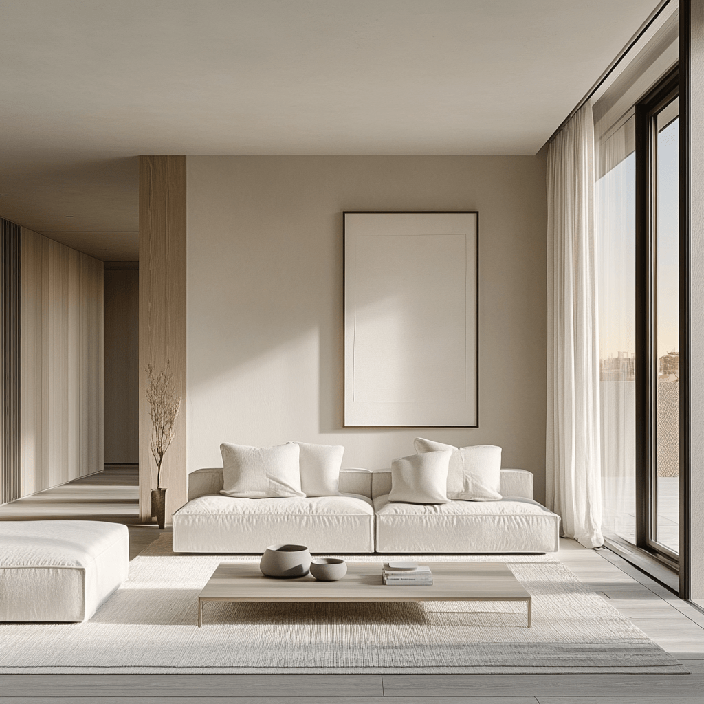 Modern minimalist living room with neutral tones, natural light, and sleek, uncluttered decor.