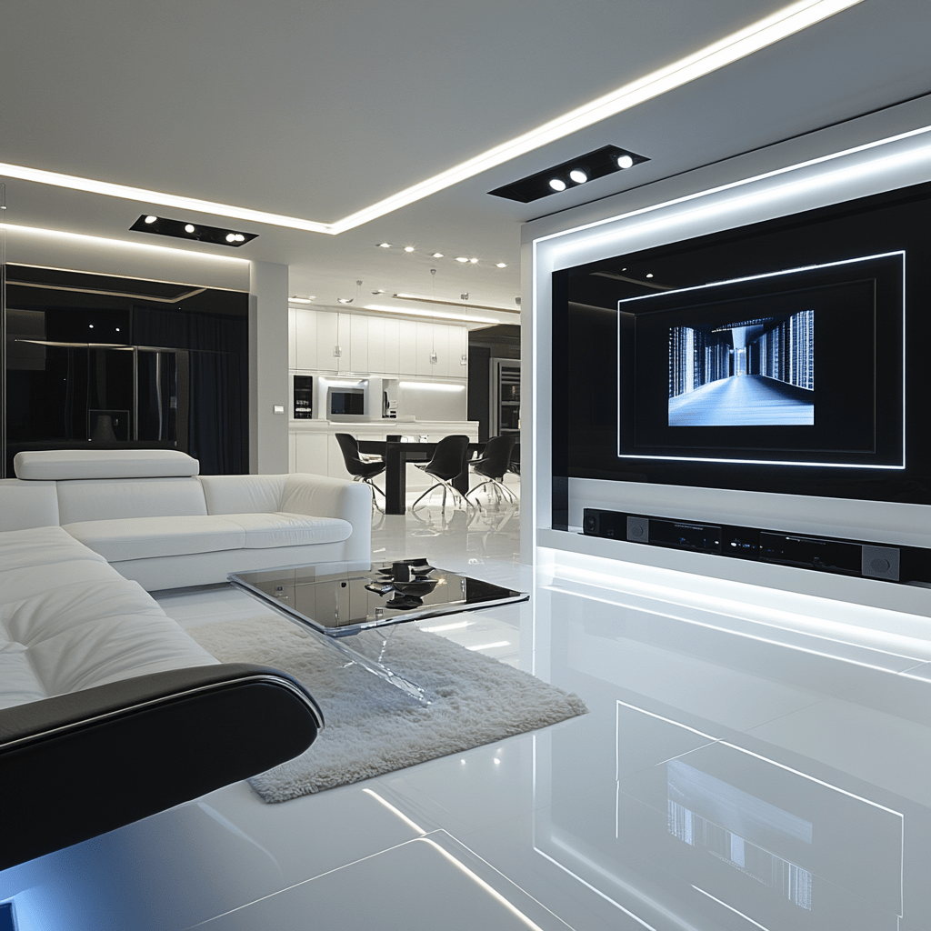Modern minimalist living room with sleek white furniture, open kitchen, and ambient lighting.