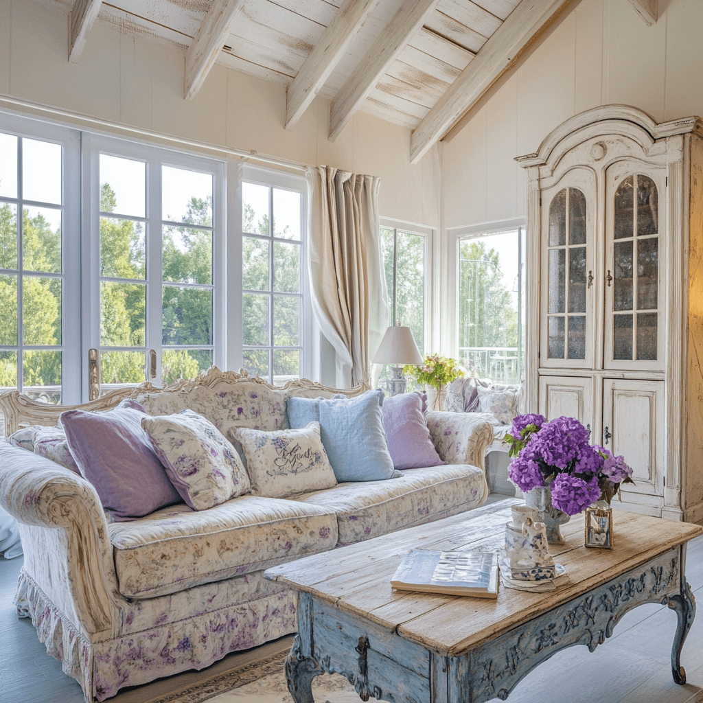 Elegant vintage living room with floral cushions, natural light, distressed wood, and lush outdoor views.
