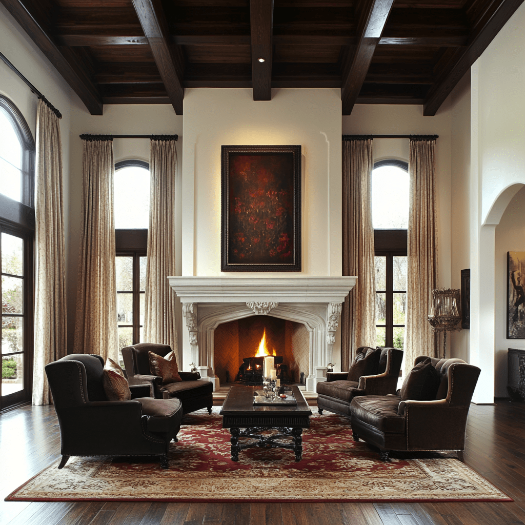 Elegant rustic living room with fireplace, plush seating, large arched windows, and warm wooden accents.