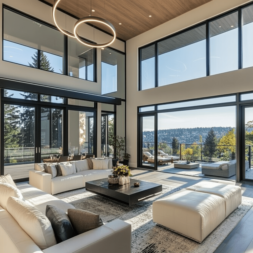 Modern living room with large windows, scenic outdoor views, natural light, and sleek minimalist decor.