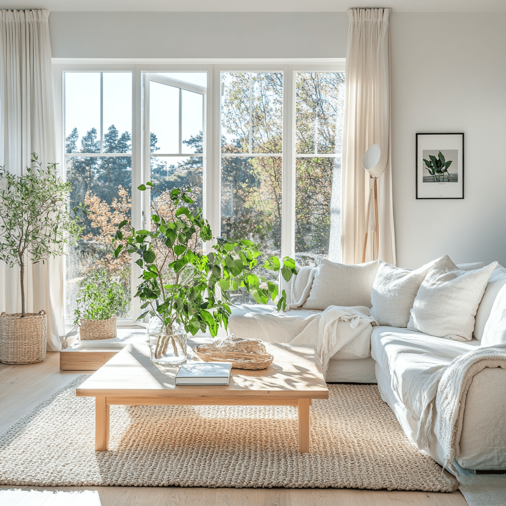 Bright modern living room with large windows, neutral decor, lush greenery, and cozy seating.