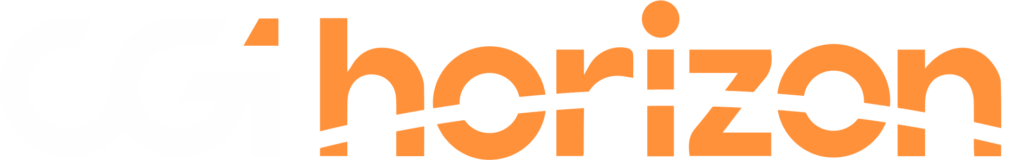 Modern digital graphics logo with orange horizon and bold CG lettering, symbolizing innovation.
