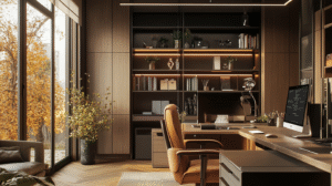 Contemporary office with autumn foliage view, stylish workspace, organized shelves, warm lighting, and greenery.