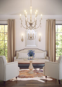Elegant living room with cream furniture, chandelier, floral accents, and warm lighting for relaxation.