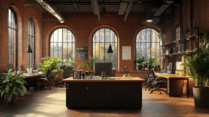 Modern industrial office with natural light, greenery, stylish desk, and ergonomic seating for productivity.