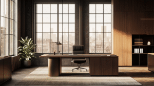 Contemporary office with city skyline, wooden desk, natural light, and modern decor for productivity.