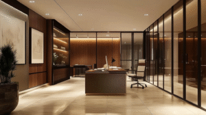 Modern office with wooden accents, glass partitions, natural light, and sleek, professional furniture.
