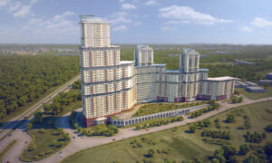 Modern residential towers with green spaces, balconies, and contemporary glass architecture.