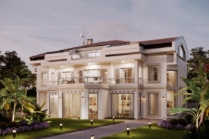 Modern two-story house with large windows, spacious balcony, lush garden, and ambient dusk lighting.