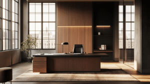Contemporary office with city views, wooden desk, natural light, minimalist decor, and modern design.
