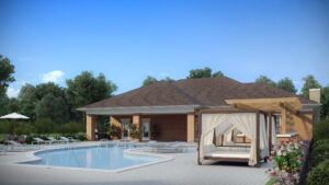Modern outdoor pool with cabana, lush greenery, and elegant open-concept house for relaxation.