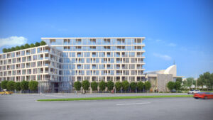 Modern glass building with rooftop gardens, lush landscaping, and vibrant urban street scene.